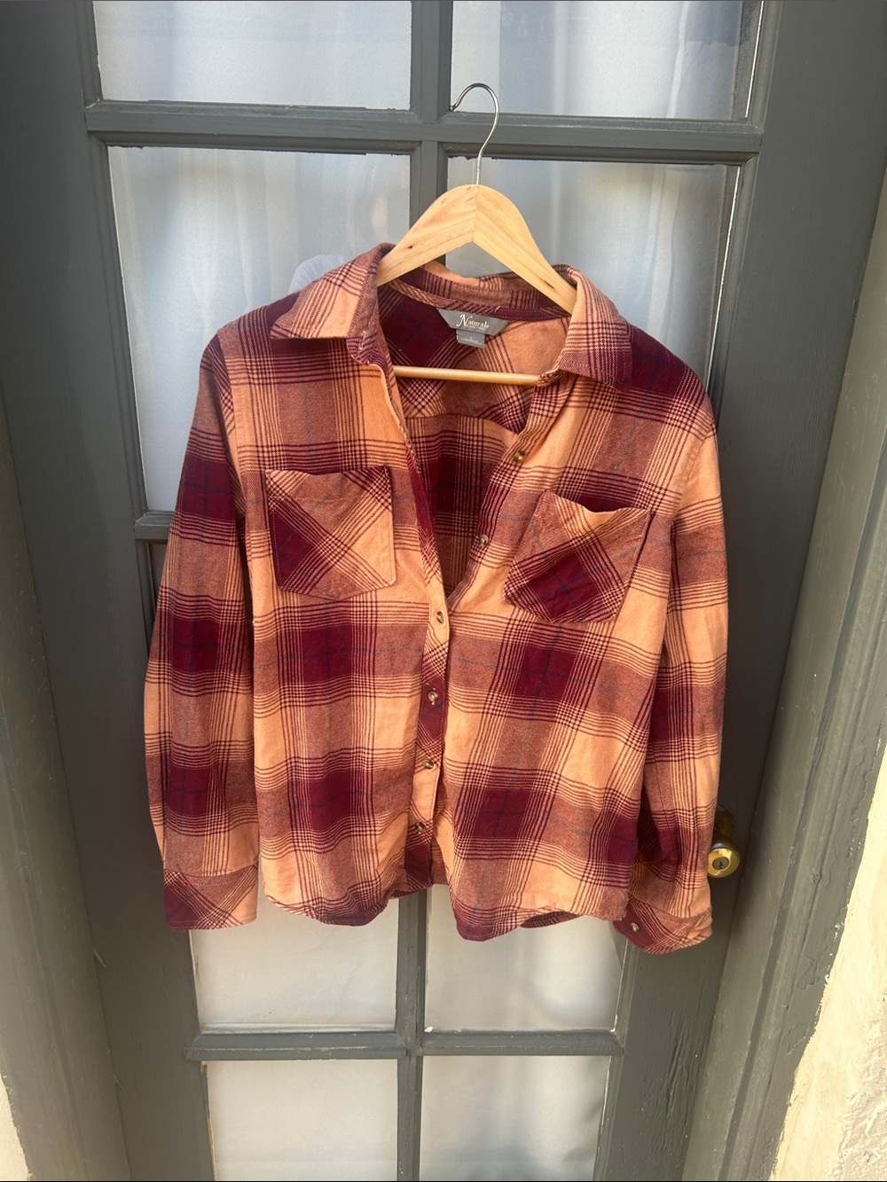 Plaid Button-Up Shirt in Rust and Burgundy size Small